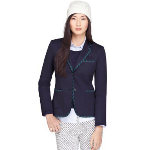 Brooks Brothers Navy Wool Blend Blazer with Green Piping Accents Size 12 - Picture 1 of 12